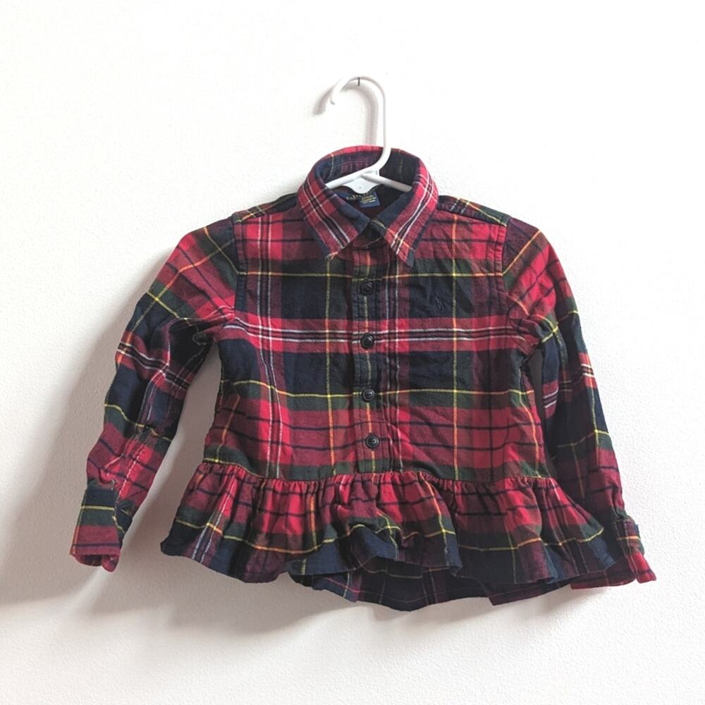 Polo Ralph Lauren Button Down Red Plaid Peplum Shirt GIrls 2T Christmas Preppy